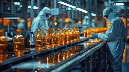 Workers in protective gear overseeing a production line in a pharmaceutical manufacturing facility, focusing on safety and precision in drug production