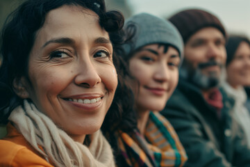 Obraz premium Diverse Group of Happy Friends Enjoying Outdoor Gathering on a Chilly Day