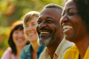 Obraz premium Diverse Group of Smiling Adults Enjoying Time Together Outdoors in a Sunny Park
