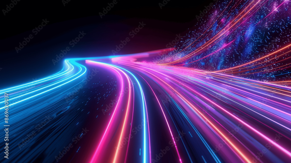 Poster futuristic neon curvy lines digital abstract background with speed effect and glowing trails
