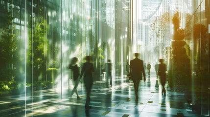 Abstract long exposure motion crowd business people walking commercial centre corporate green office in modern city lobby. Green sustainability natural light indoor plants garden environment