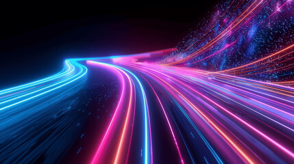 Futuristic Neon Curvy Lines Digital Abstract Background with Speed Effect and Glowing Trails