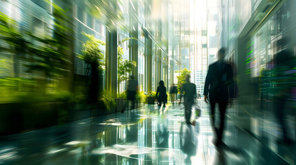 Abstract long exposure motion crowd business people walking commercial centre corporate green office in modern city lobby. Green sustainability natural light indoor plants garden environment
