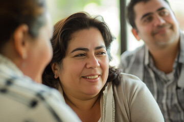 Fototapeta premium Smiling Middle Aged Woman Engaging in Lively Conversation with Friends