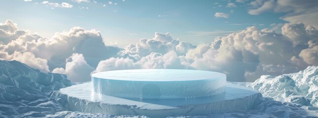 A stunning ice-crystal podium set against a backdrop of ethereal clouds and clear skies, emanating an aura of tranquility and grandeur. Perfect for fantasy-themed presentations or artwork.