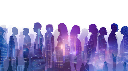 Digital illustration artistic people network cityscape in modern city. Purple silhouette art drawing Business commercial connection collaboration unity busy life stress mental health urban environment