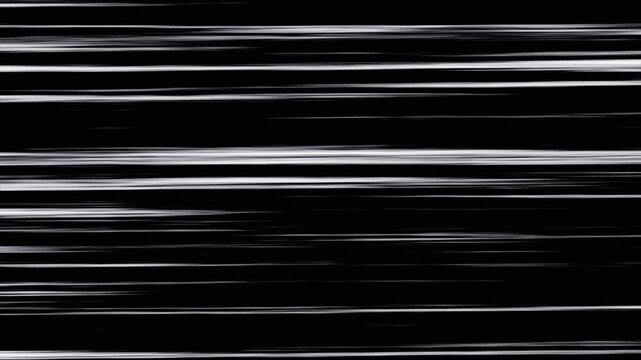 Abstract white anime speed lines motion on black. Velocity lines displaying the flash action and lightspeed motion. Horizontal comic speed lines. Manga anime motion. Moving extremely fast. 4k.