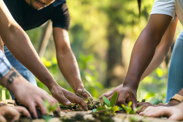 Group of People Planting and Gardening Together in Outdoor Nature Setting