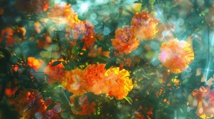 Beautiful orange marigold flowers in a dreamlike garden setting, with soft glowing lights and vibrant colors.