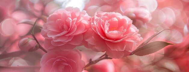 Fototapeta premium Beautiful pink roses with a soft, dreamy bokeh background. Perfect for romantic, wedding, love, and nature themes.