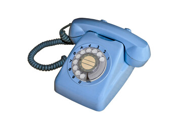 Photo of an old vintage blue rotary dial phone with receiver and a spiral cord isolated on white or...