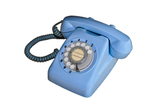 Photo of an old vintage blue rotary dial phone with receiver and a spiral cord isolated on white or transparent background, png file - Powered by Adobe
