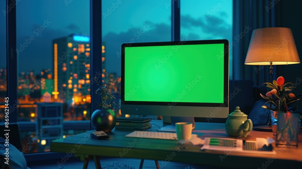 Poster front view desktop computer with green screen