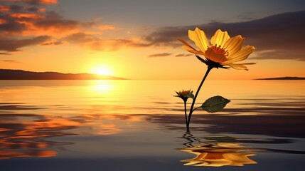 A yellow flower is growing on the water surface