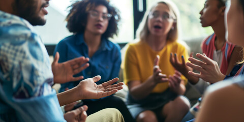 Obraz premium Diverse Group of People Engaging in Lively Discussion in Modern Setting