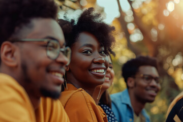 Fototapeta premium Diverse Group of Friends Enjoying Outdoor Gathering in Sunlit Park