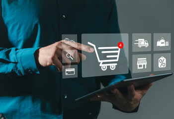 Businessman uses iPad with virtual reality screen Explore online shopping services that include...