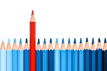 One red pencil among blue ones isolated on transparent background, standing out of the crowd, back to school concept, png file