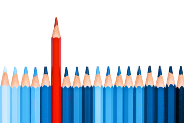 One red pencil among blue ones isolated on transparent background, standing out of the crowd, back to school concept, png file