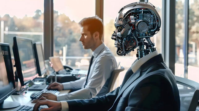 Business man working with AI artificial intelligence humanoid robot in office Futuristic technology collaborate future work integration science workforce computers automation. Human replaced by robots