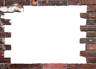 Large hole in a brick wall, photo of a brick frame aisolated on white background