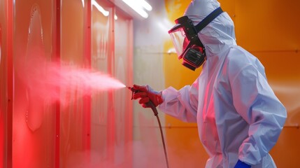 A worker in a protective suit and respirator sprays red paint onto a metal surface in an industrial facility.