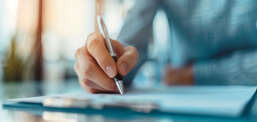 Close-up of a hand holding a pen and writing on paper, signifying business, communication, or documentation in a professional setting.