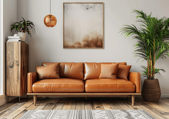 Scandinavian Living Room Interior with Brown Leather Sofa and Wooden Cabinet
