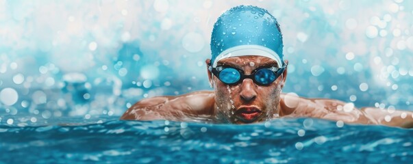 Close-up of competitive swimmer wearing goggles and cap, emerging from water during intense swimming session, background splashing.