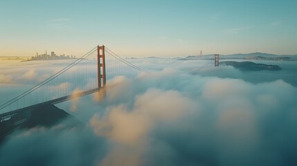 Obraz premium Dramatic Aerial View of Iconic Golden Gate Bridge Amidst Fog and City Skyline