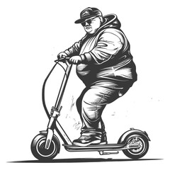 fat boy riding electric scooter with engraving style black color only