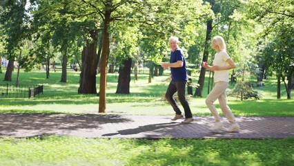 Seniors jogging together on park path surrounded by lush greenery. Concept of active lifestyle, fitness and health in old age. Couple enjoying morning run staying fit and healthy
