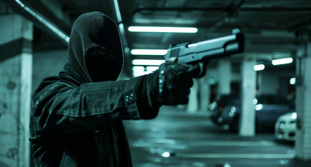 Robber with black balaclava aiming with pistol the victim. Hooded armed man thief killer in leather jacket holds gun in gloved hand. Weapon, crime.