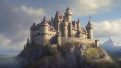ancient Scotland castle in mountains under cloudy sky