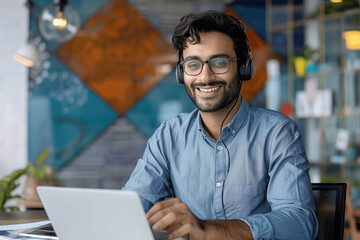 Young Indian Businessman with Headset on Video Call in Modern Office Smiling and Talking to Client While Working Remotely on Laptop