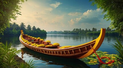 South Indian Festival Onam Boat at river on decorative