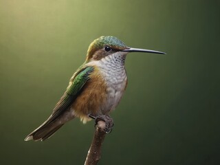 Fototapeta premium Small Hummingbird with Green and Brown Plumage Perched on a Branch