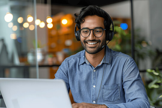 Smiling Young Indian Businessman Wearing Headset and Glasses Using Laptop Talking to Customer or Team in Modern Office Remote Work Small Business Owner Working from Home