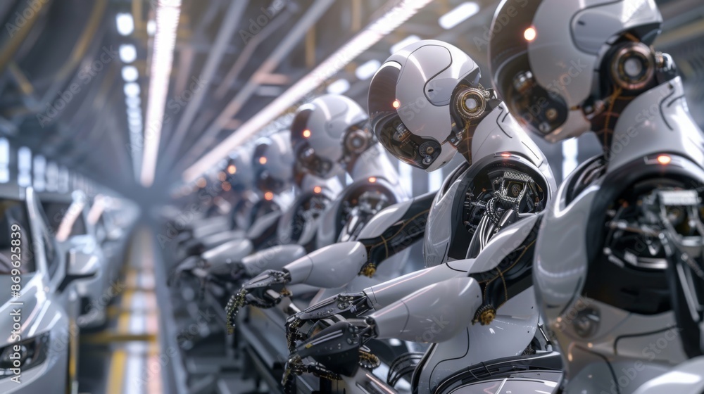 Poster A row of robots work diligently on an assembly line, producing cars in a futuristic factory. The robots are sleek and white, with intricate mechanical parts visible.