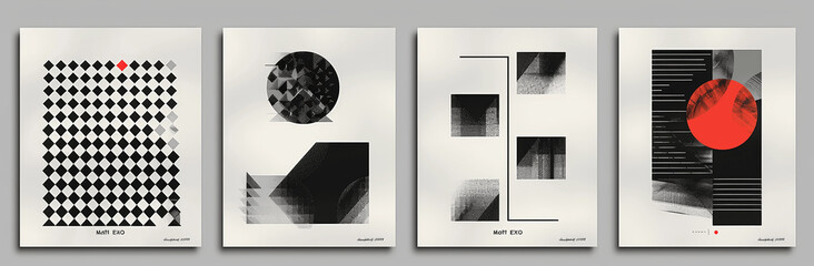 Monochrome geometric bauhaus pattern posters, abstract shapes, black and white vector art, retro minimal design, symmetrical layout, contemporary print templates, simple lines, trendy modern art