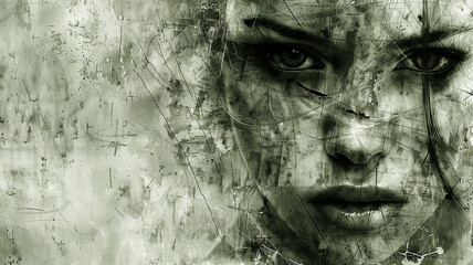 A woman's face is shown in a blurry, abstract style. The image is a work of art, with a mood of mystery and intrigue. The woman's eyes are the focal point of the image, drawing the viewer in