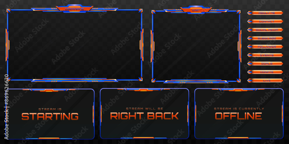 Poster futuristic live stream overlay webcam screen frame and stream alert gui panels with orange and blue 