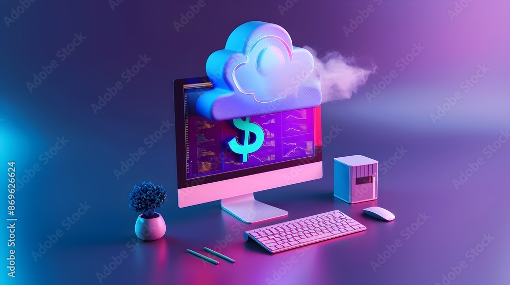 Poster futuristic digital workspace with glowing neon desktop computer,cloud and data analytics in modern