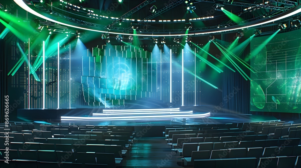 Poster captivating stage performance with vibrant green digital lighting and futuristic projection display