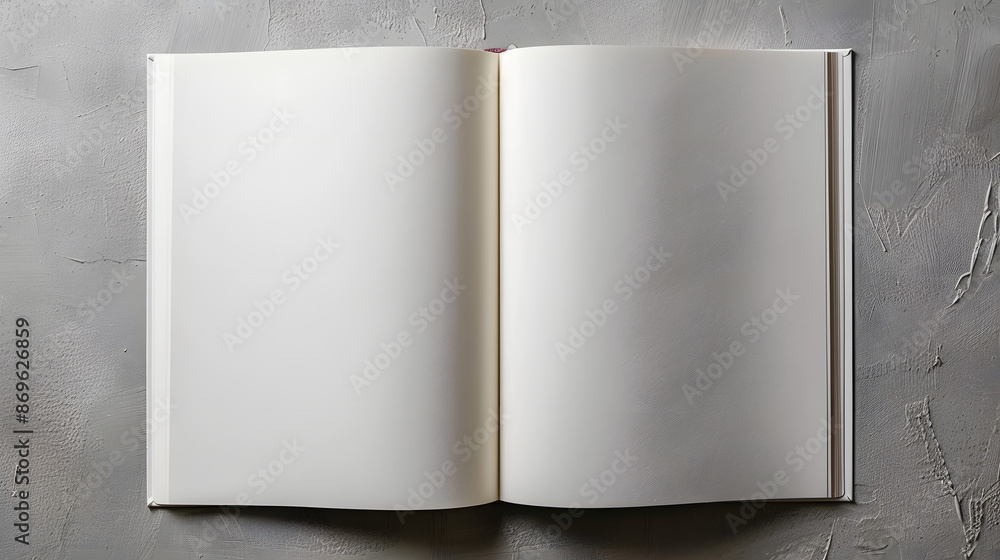 Aufkleber open notebook with blank pages on grey textured background, top view. mockup for design