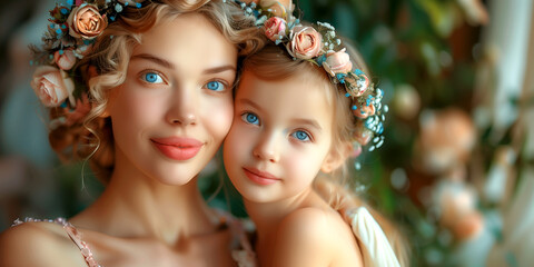 A woman and a child are wearing flower crowns and smiling for the camera. The woman is holding the child, and they both look happy and content. Concept of warmth and love between the two