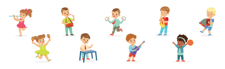 Little Kids Playing Musical Instrument Vector Illustration Set
