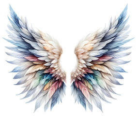 Obraz premium Watercolor illustration of holographic angel feather feather wings on white background