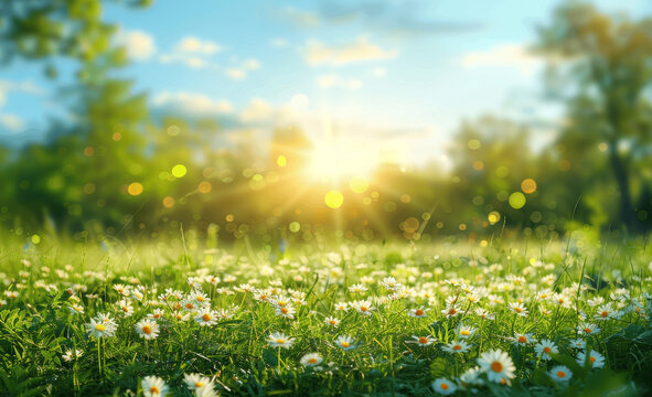Serene spring meadow with wildflowers and trees on a sunny day