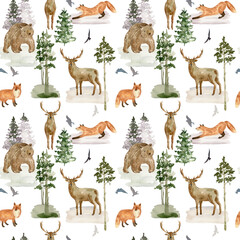 Obraz premium Watercolor seamless pattern with animals and trees for fabric, wrapping paper, etc.